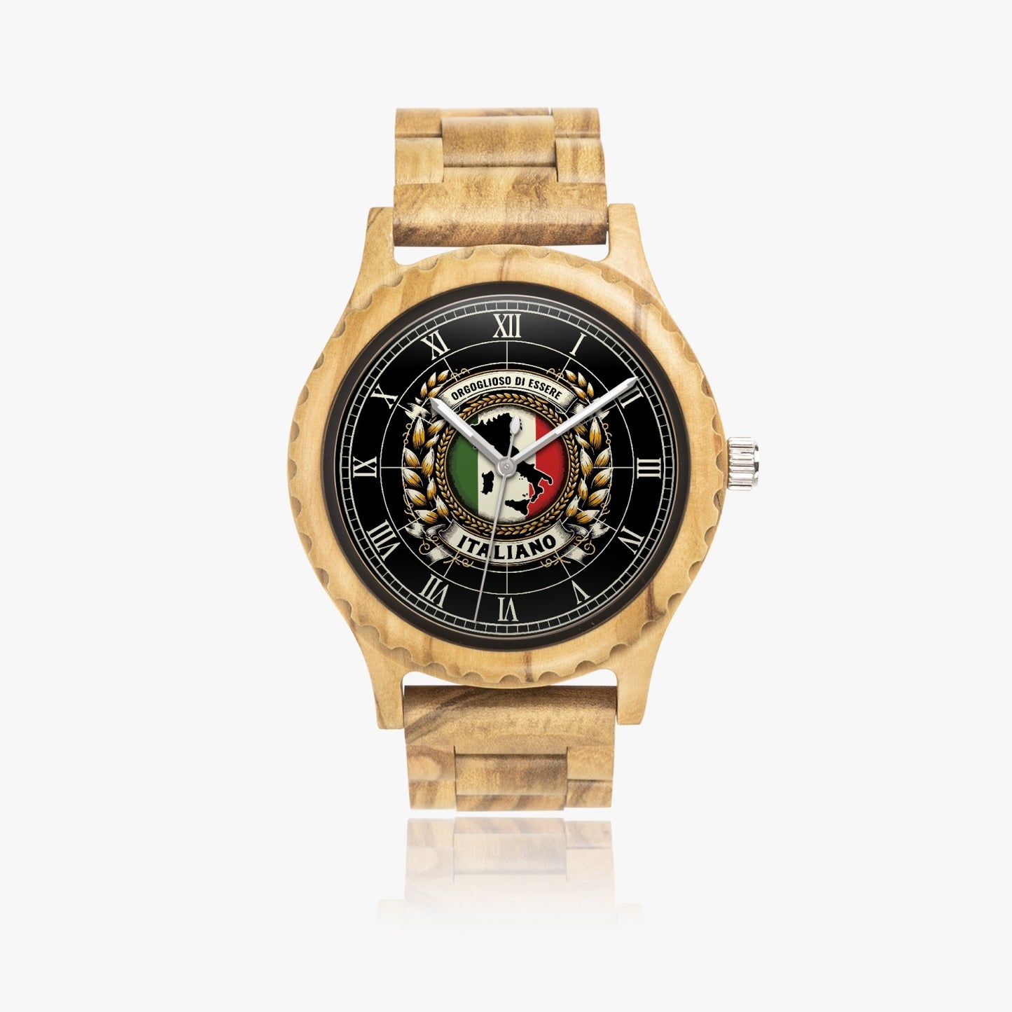 Italian Olive Lumber Wooden Watch with black face, gold and green logo, featuring Italian Olive wood case and straps, and Japanese CITIZEN movement.