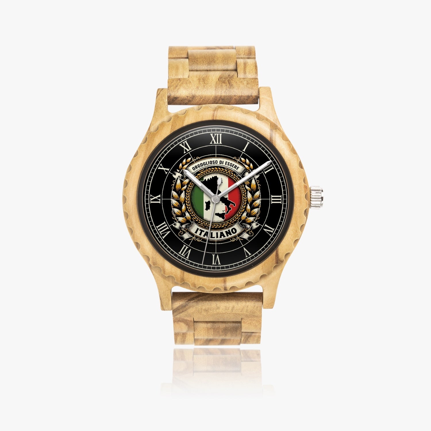 Italian Olive Lumber Wooden Watch with black face, gold and green logo, featuring Italian Olive wood case and straps, and Japanese CITIZEN movement.