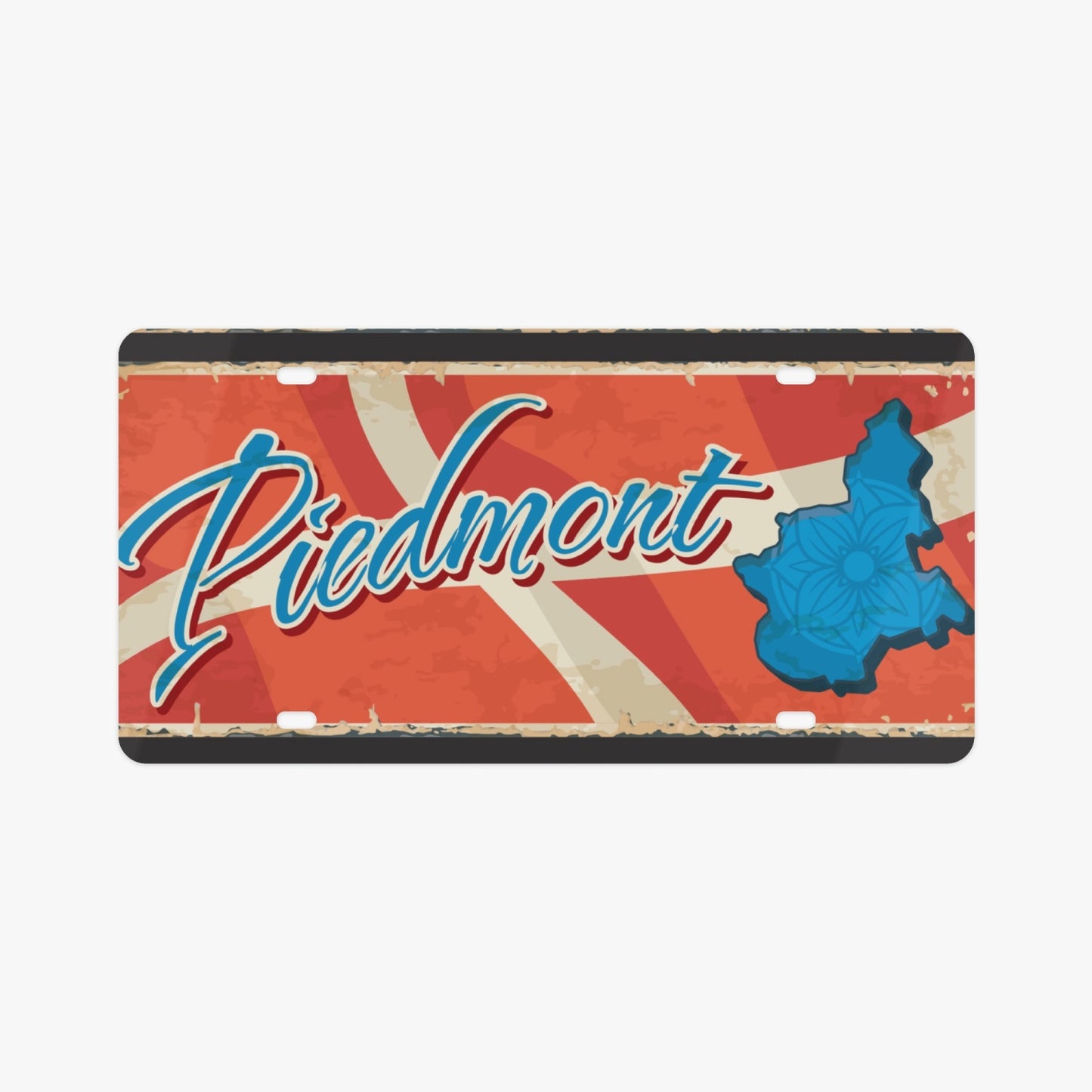 Piedmont License Plate featuring a map and flower design, crafted from premium aluminum, embodies Italian elegance and enhances your car's aesthetic.