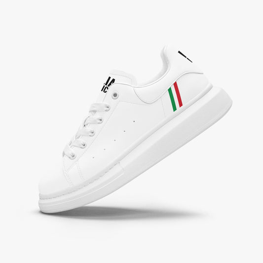Italian Stripe | Leather Oversized Sneakers - Italia District, featuring a white leather upper with a distinctive red, green, and white stripe, offering style and comfort.