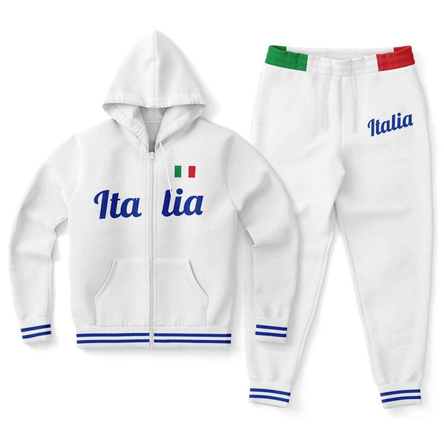 Italy White Zip Hoodie & Jogger - AOP: White tracksuit featuring Italian flag elements, blue writing, and designed for comfort and style with eco-friendly materials.