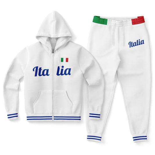 Italy White Zip Hoodie & Jogger - AOP: White tracksuit featuring Italian flag elements, blue writing, and designed for comfort and style with eco-friendly materials.