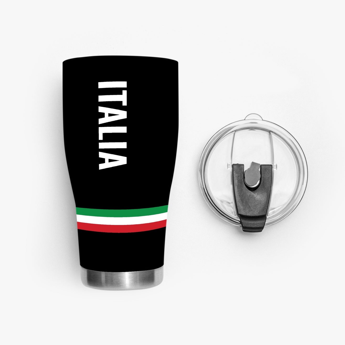 Italy Black Tumbler 30oz with eco-friendly lid, featuring a red, white, and green stripe and sleek stainless steel design, ideal for hot or cold drinks.