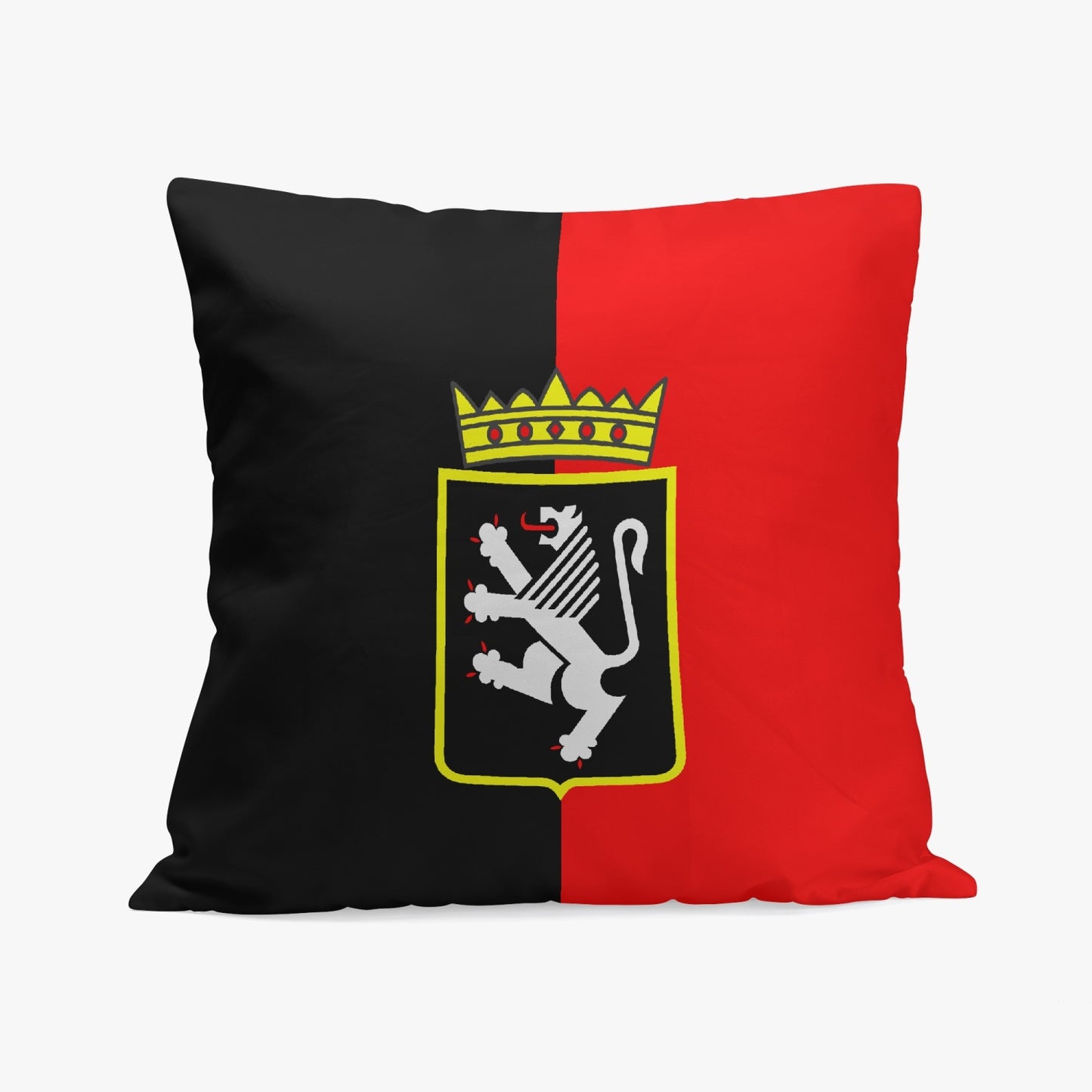 Aosta Valley Pillow Cover featuring a black lion with a crown on a red and black background, crafted from high-quality polyester and cotton with stitching closure.