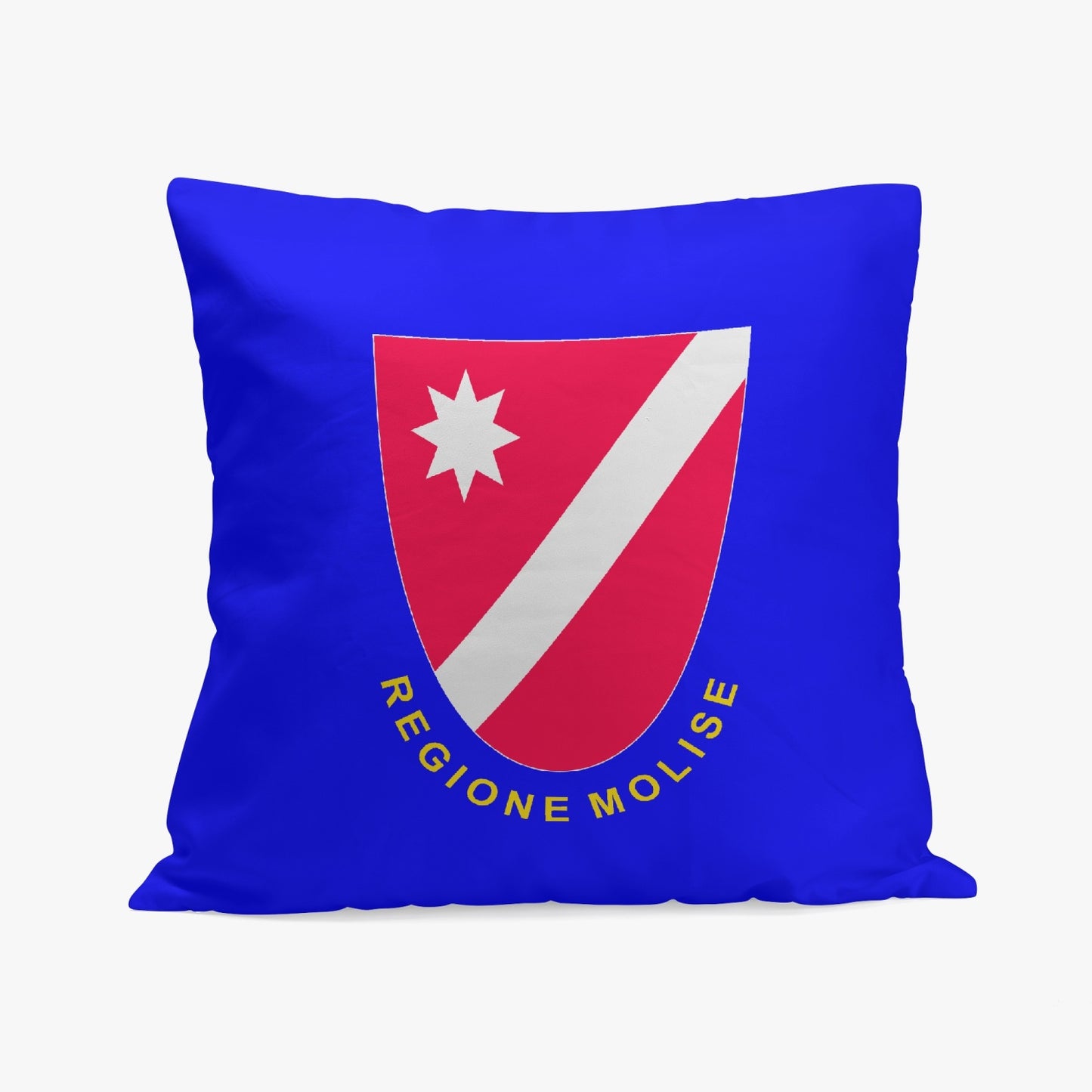 Molise Pillow Cover featuring a red and white logo, crafted from high-quality polyester with cotton fabric, and a stitching closure on one side.