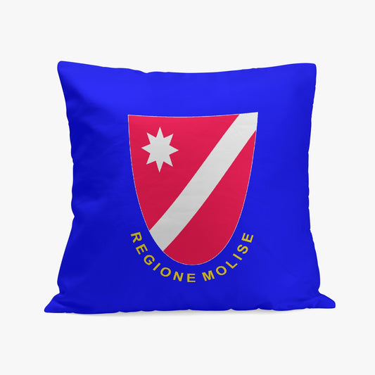 Molise Pillow Cover featuring a red and white logo, crafted from high-quality polyester with cotton fabric, and a stitching closure on one side.