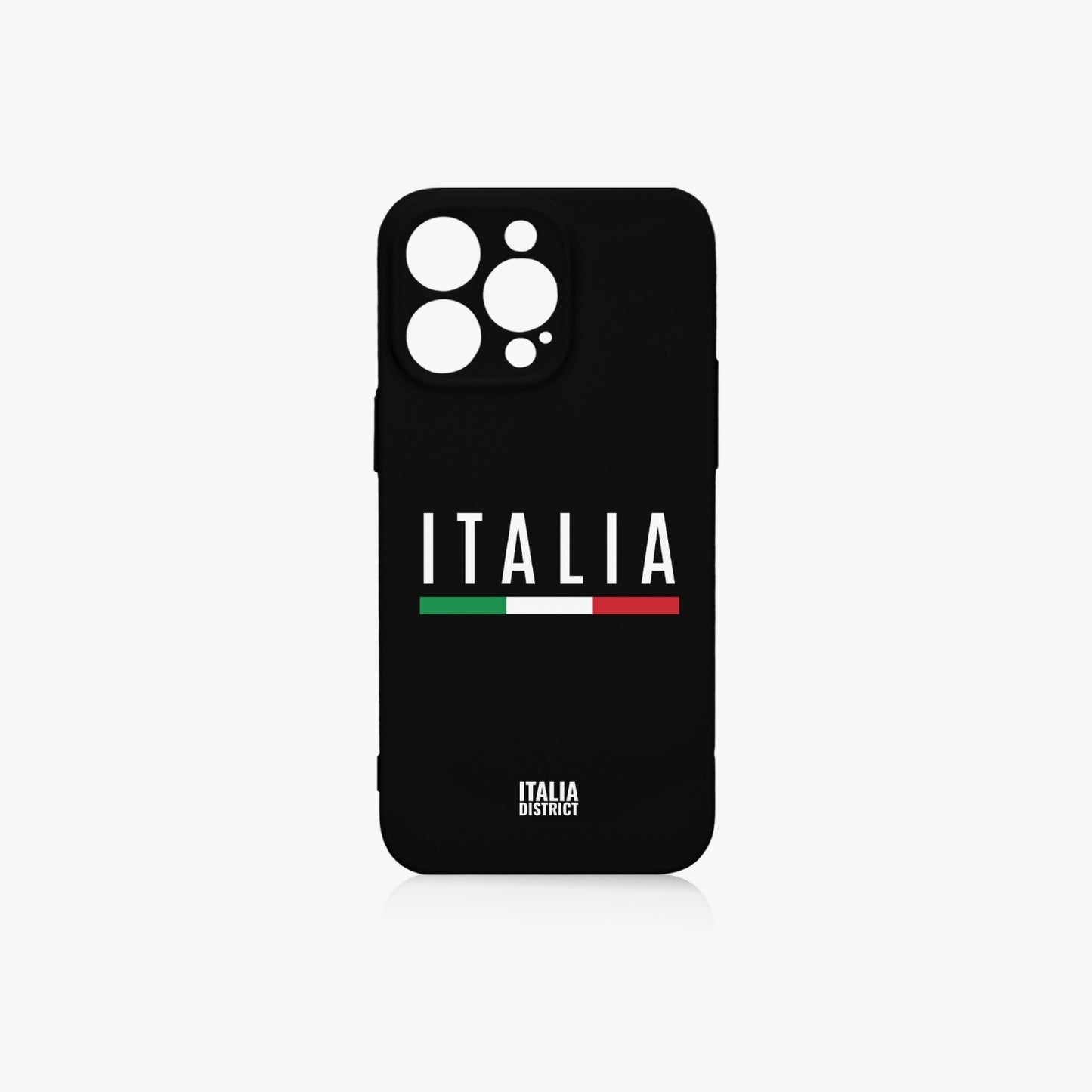 Italy Black Phone Case iPhone 15 Pro features bold white text and a green, white, and red stripe, offering full coverage and lens protection.