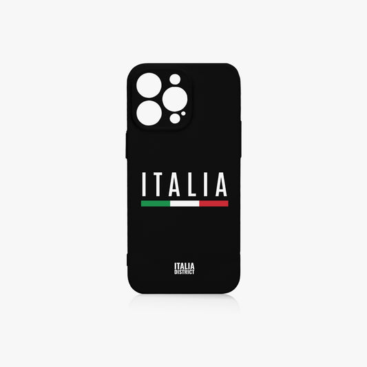Italy Black Phone Case iPhone 15 Pro features bold white text and a green, white, and red stripe, offering full coverage and lens protection.