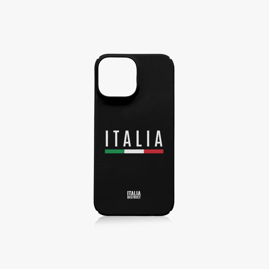 Italy Black Phone Case iPhone 13 Pro Max featuring white text and a white-green Italian-themed logo, designed for full coverage and wireless charging compatibility.
