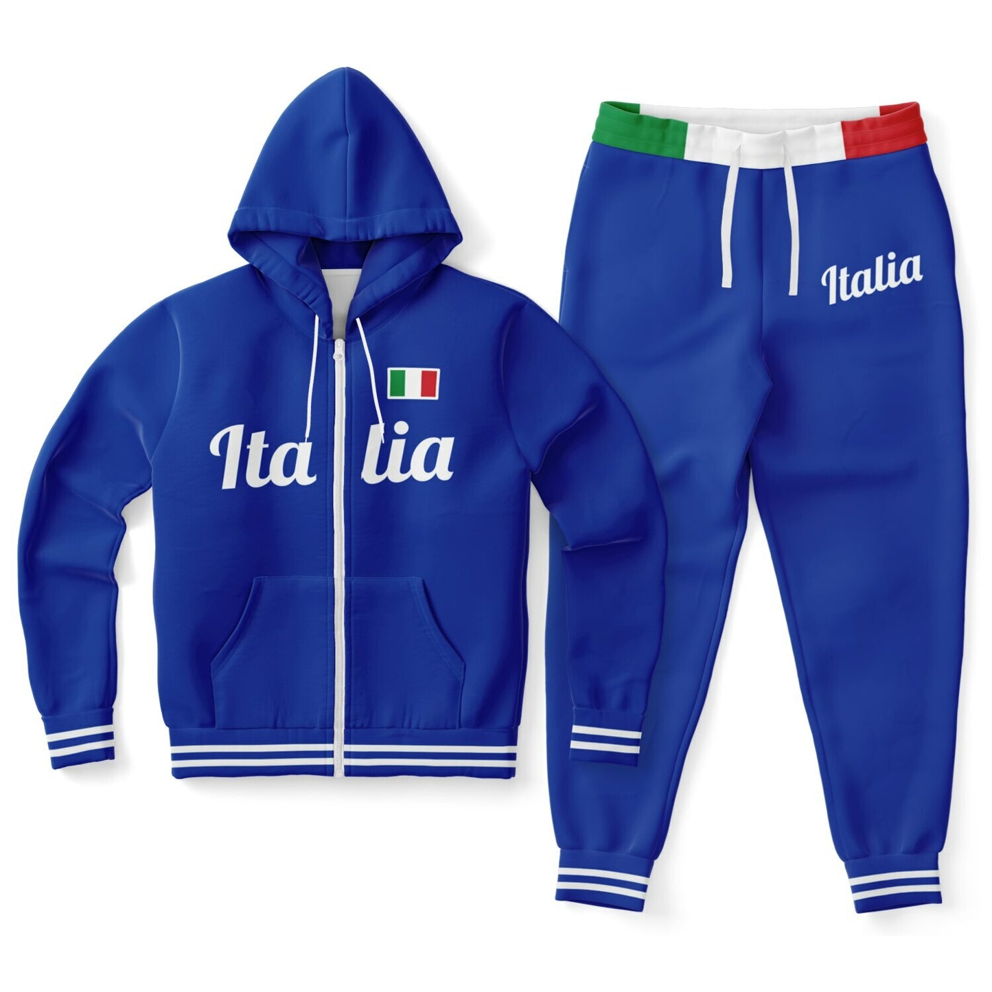 Italy Blue Zip Hoodie & Jogger - AOP set featuring a blue zip hoodie and jogger with white text, showcasing a sleek, athletic design.