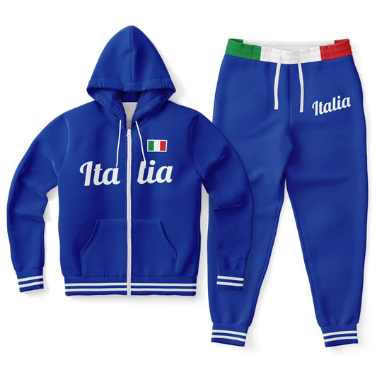 Italy Blue Zip Hoodie & Jogger - AOP set featuring a blue zip hoodie and jogger with white text, showcasing a sleek, athletic design.