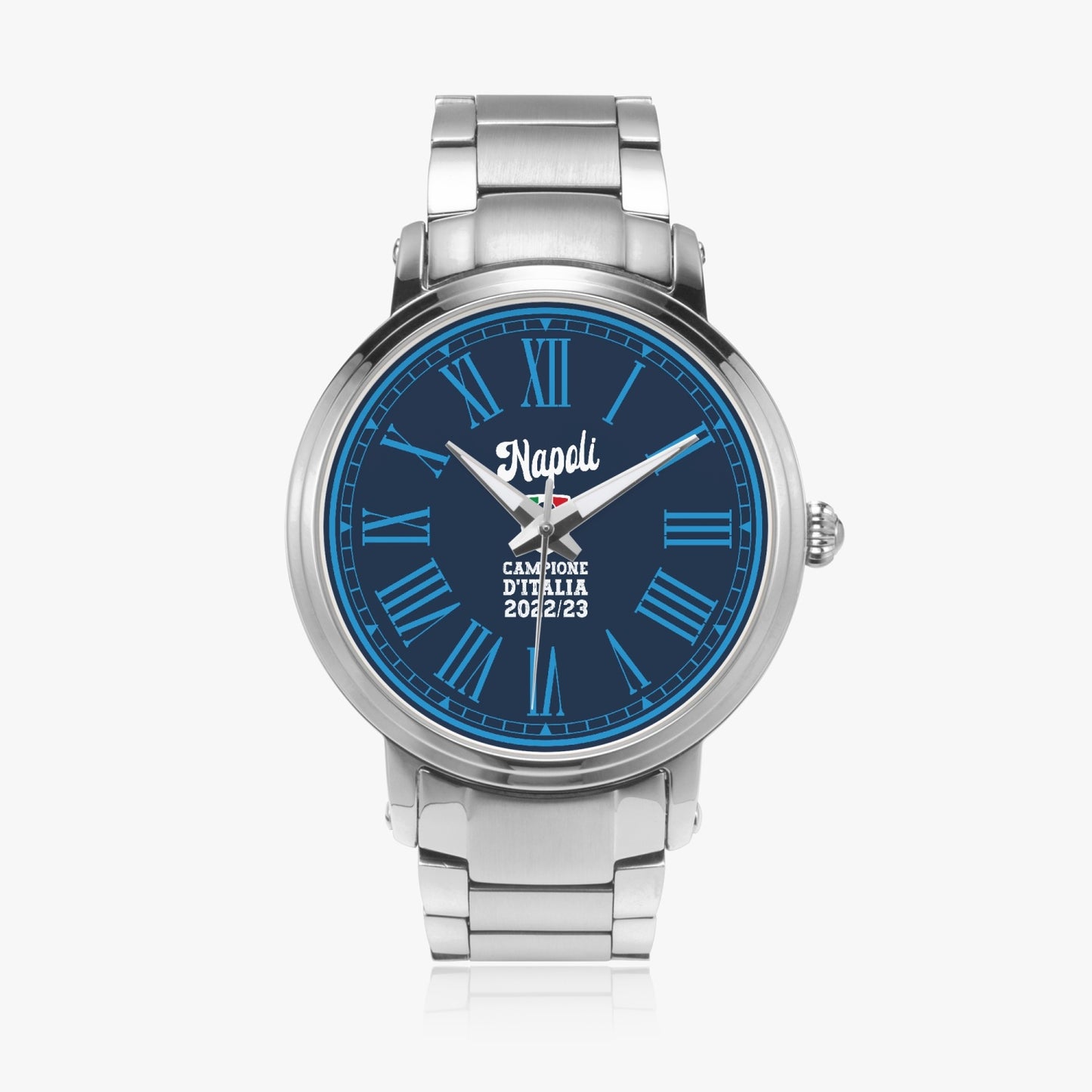 Napoli Campione 2022/23 Automatic Watch featuring a silver case, blue face, and white hands, showcasing Italian elegance with a folding clasp buckle.