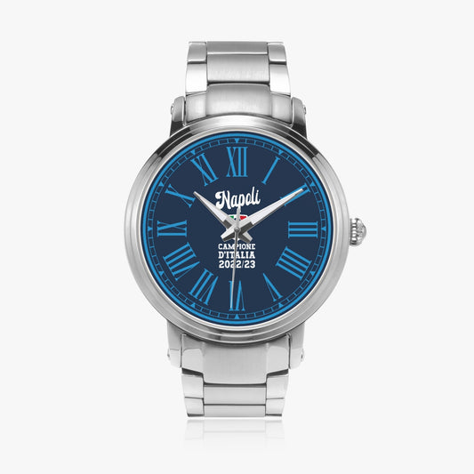 Napoli Campione 2022/23 Automatic Watch featuring a silver case, blue face, and white hands, showcasing Italian elegance with a folding clasp buckle.