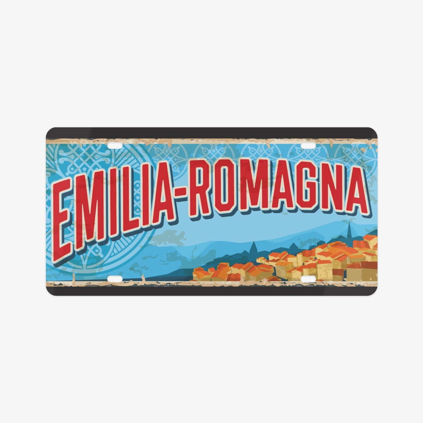Emilia-Romagna License Plate Italian Style, featuring cityscape design, crafted from premium aluminum for a luxurious automotive enhancement.