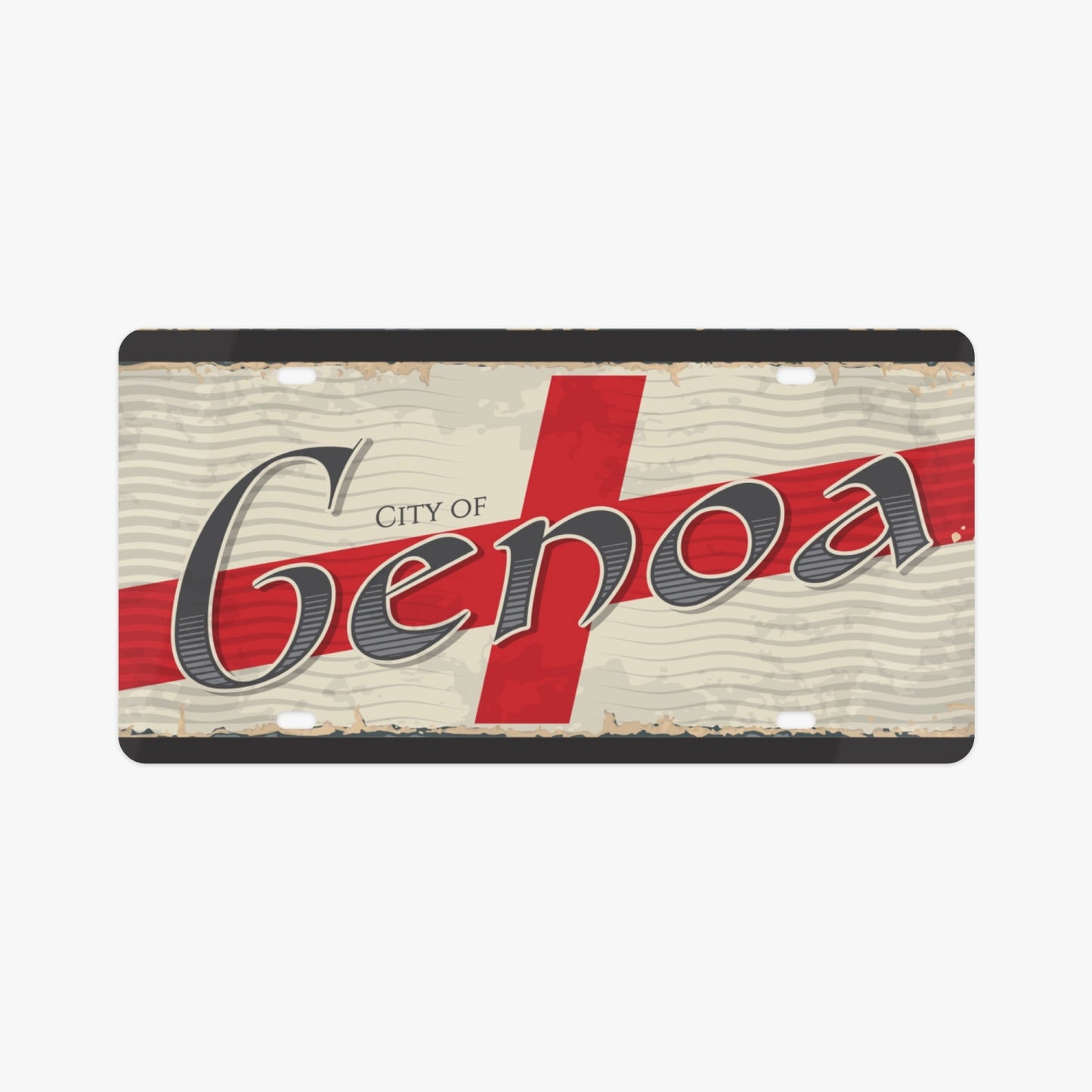 Genoa License Plate Italian Style: Premium aluminum plate featuring a red cross design, merging Italian elegance with functionality, perfect for enhancing your vehicle's aesthetic.