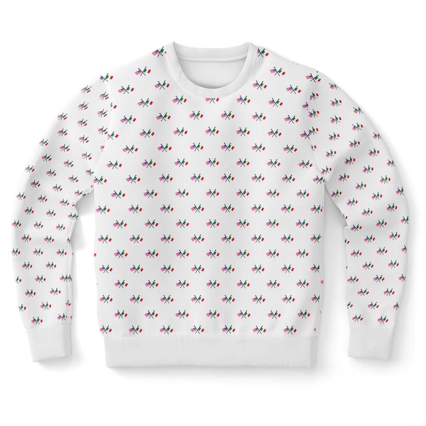 Sweatshirt featuring Italian and American flag pattern, crafted from a soft polyester-spandex blend with high-definition printing, ensuring durability and comfort.