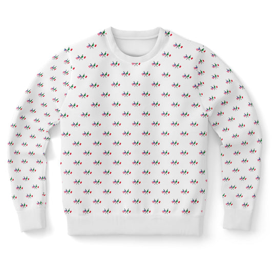 Sweatshirt featuring Italian and American flag pattern, crafted from a soft polyester-spandex blend with high-definition printing, ensuring durability and comfort.