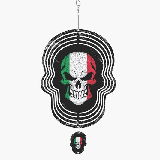Italian Skull Wind Spinner featuring a skull with a flag design, crafted from aluminum for outdoor use, spinning smoothly in the wind for a captivating display.