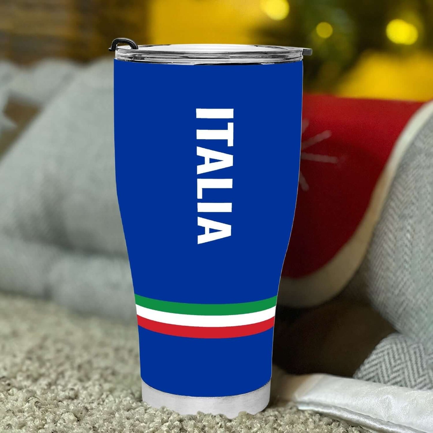Italy Navy Tumbler 30oz featuring a blue design with 'ITALIA' text and Italian flag colors.