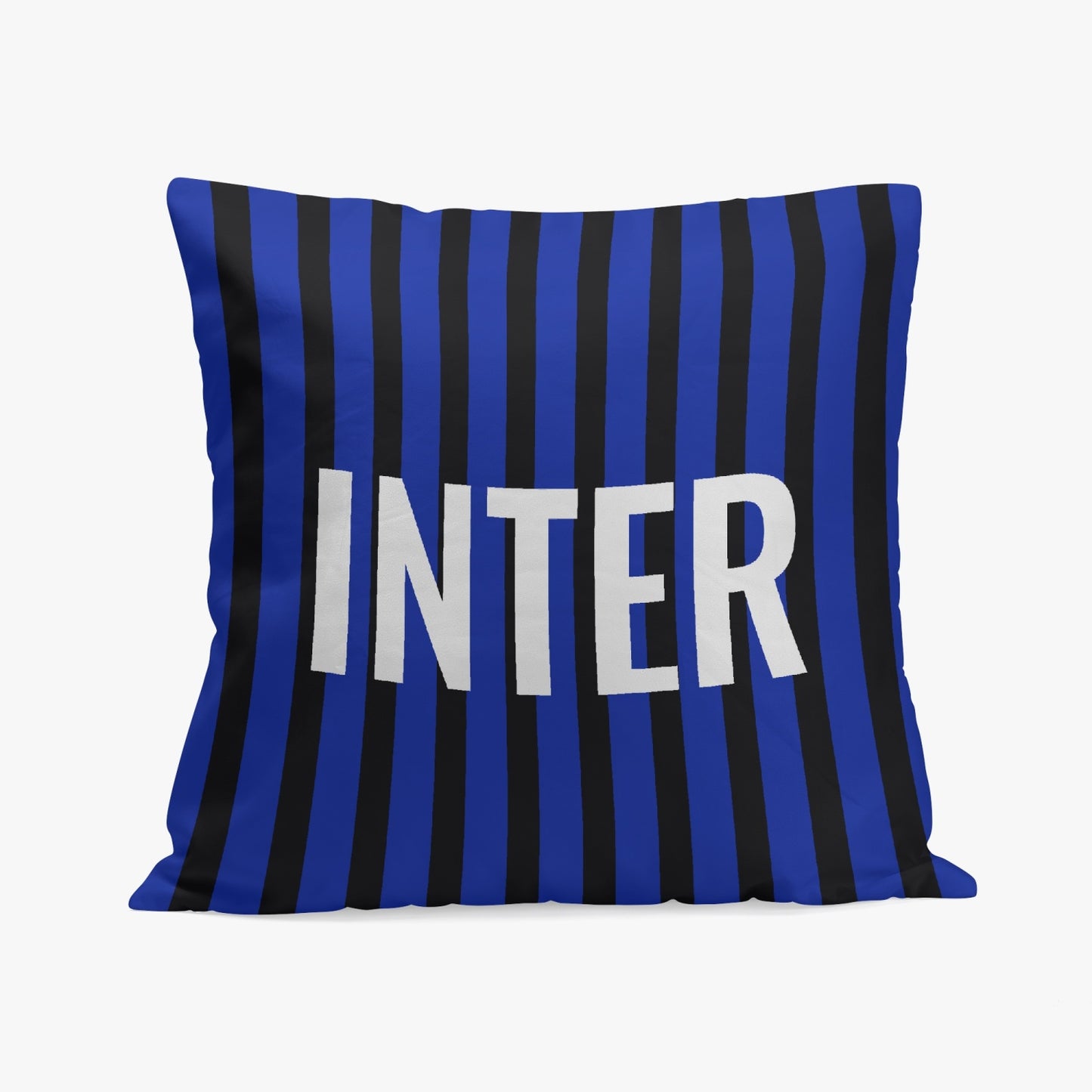 Inter Pillow Cover featuring blue and black stripes, crafted from high-quality polyester and cotton with stitching closure, one-side printed for Italian-inspired decor.