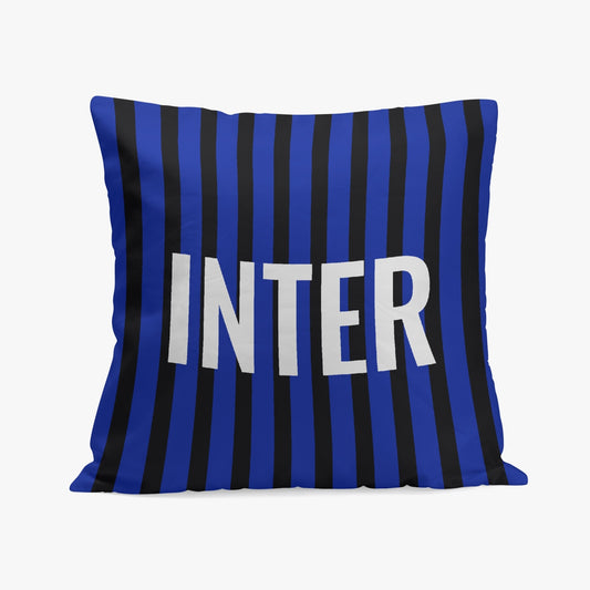 Inter Pillow Cover featuring blue and black stripes, crafted from high-quality polyester and cotton with stitching closure, one-side printed for Italian-inspired decor.