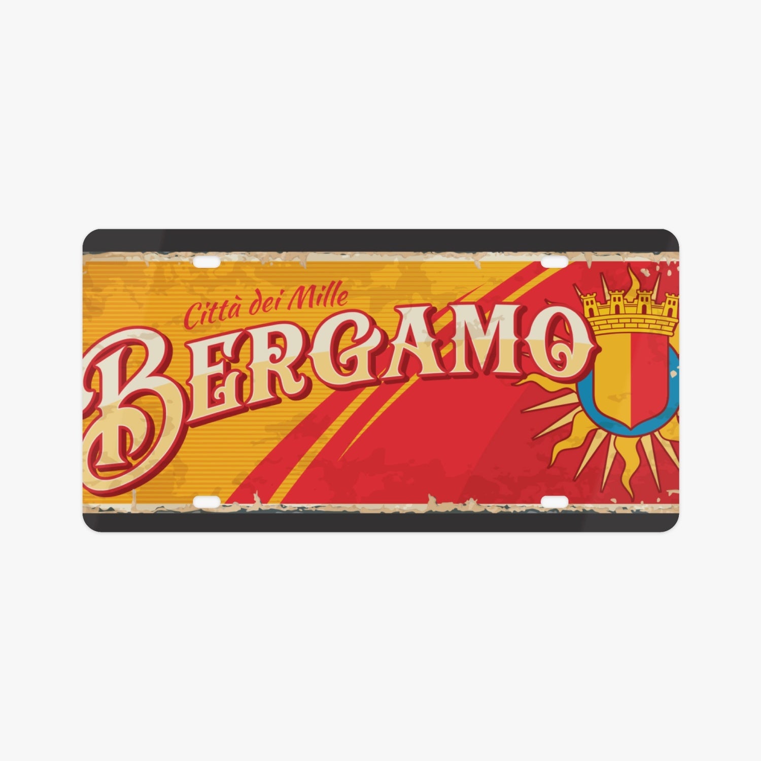 Bergamo License Plate Italian Style, featuring a yellow and red design with distinctive lettering, crafted from durable aluminum for a luxurious automotive touch.