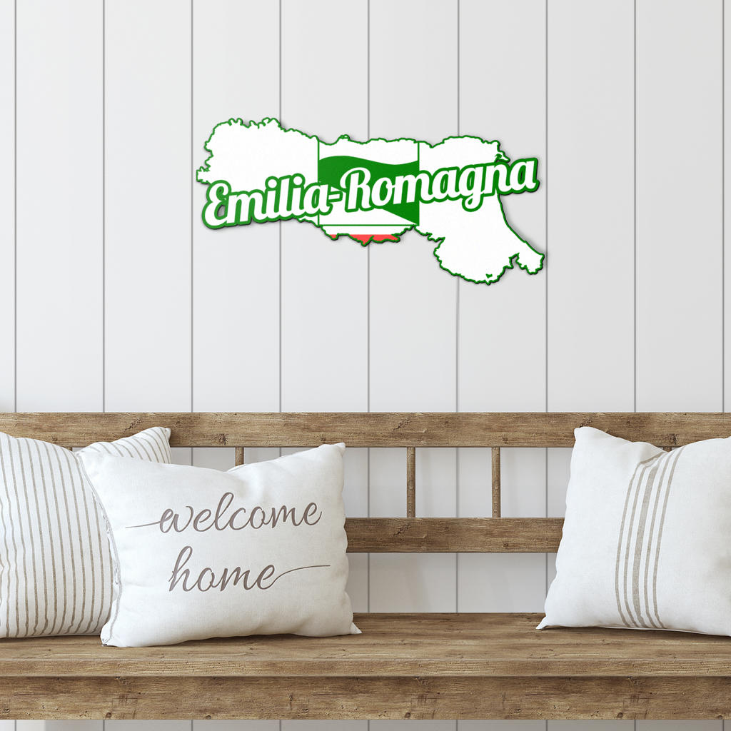 Emilia-Romagna Map - Colored Metal Art displayed above a wooden bench with decorative pillows, showcasing Italian heritage and elegance for interior or exterior decor.