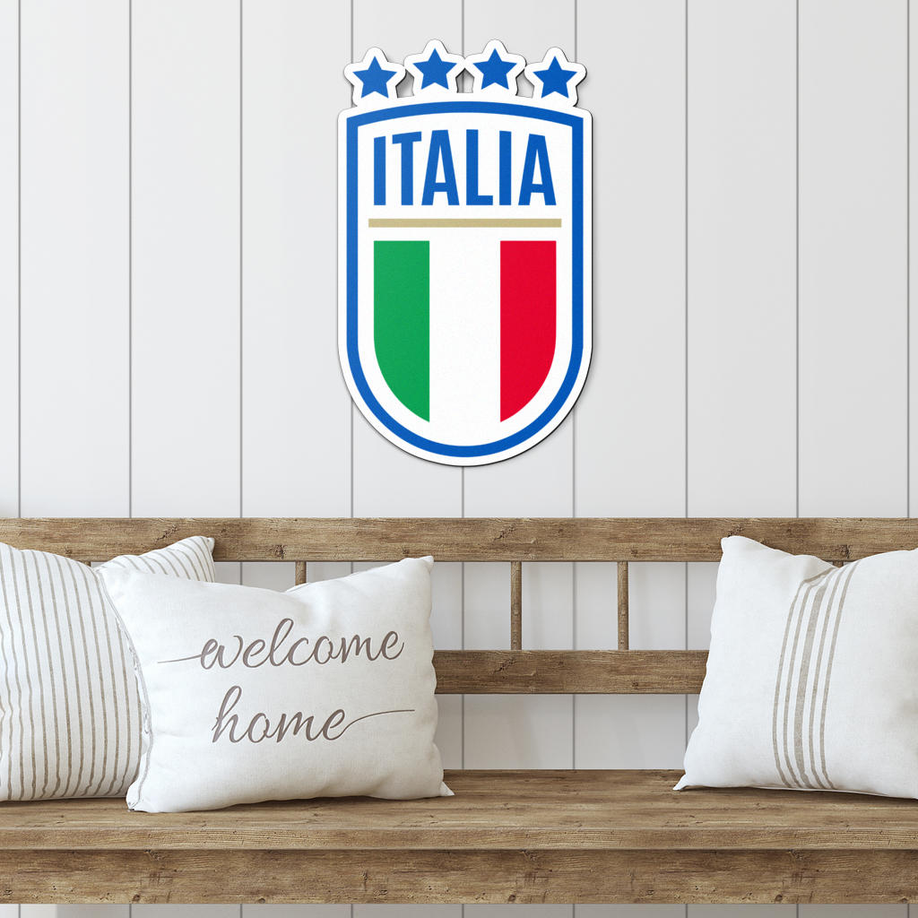Italy Logo - Colored Metal Art displayed elegantly on a wooden bench, showcasing intricate design, ideal for enhancing Italian-themed interior or exterior spaces.