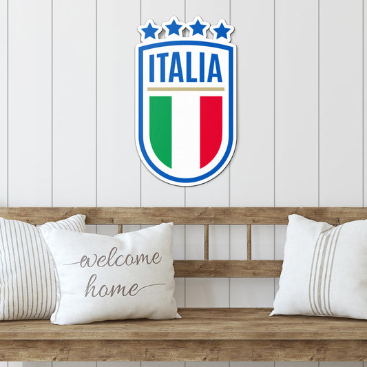 Italy Logo - Colored Metal Art displayed elegantly on a wooden bench, showcasing intricate design, ideal for enhancing Italian-themed interior or exterior spaces.