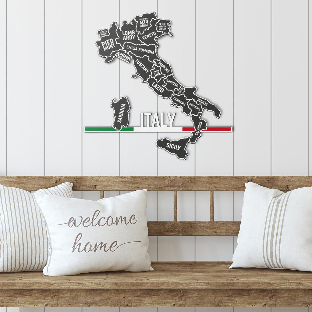 Italian Regions Map & Minimalist Flag Metal Art on a wooden bench with pillows, showcasing Italian elegance and cultural pride.
