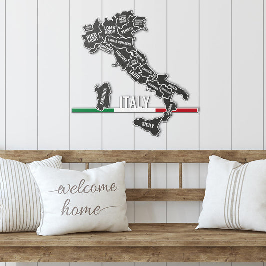 Italian Regions Map & Minimalist Flag Metal Art on a wooden bench with pillows, showcasing Italian elegance and cultural pride.