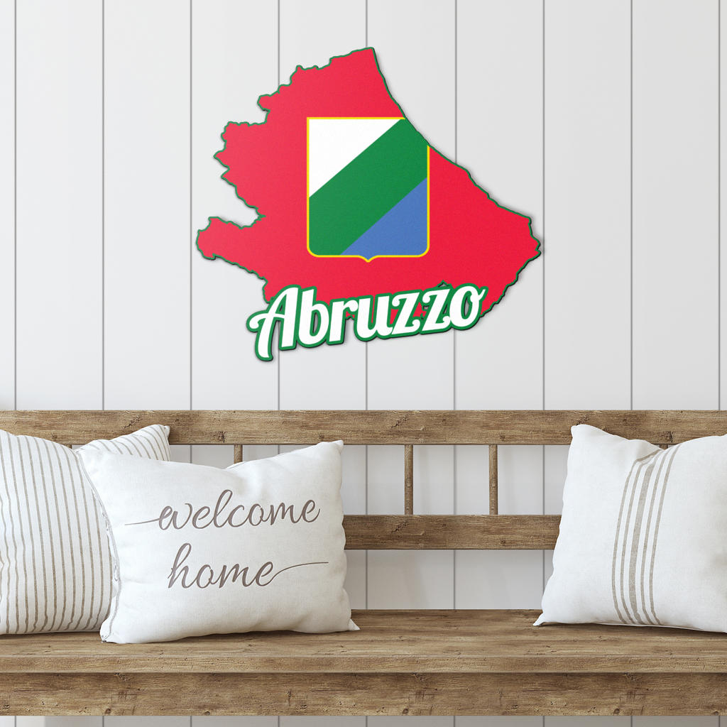 Abruzzo Map - Colored Metal Art displayed on a wooden bench with decorative pillows, showcasing its elegant design ideal for enhancing indoor or outdoor spaces.