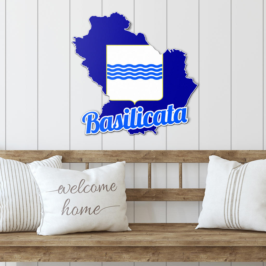 Basilicata Map - Colored Metal Art displayed on a wooden bench with pillows, showcasing Italian elegance for interior or exterior decor.