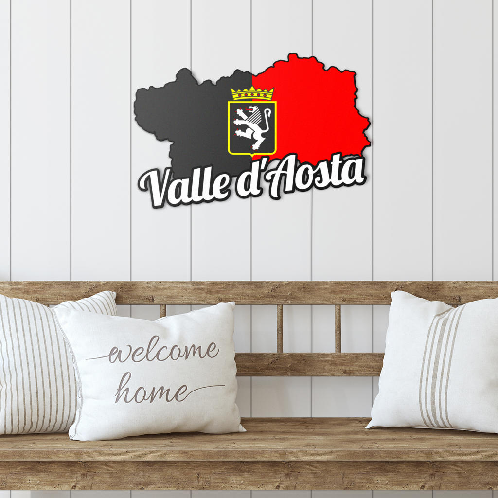 Aosta Valley Map - Colored Metal Art displayed above a wooden bench with decorative pillows, highlighting Italian-inspired design for indoor or outdoor decor.