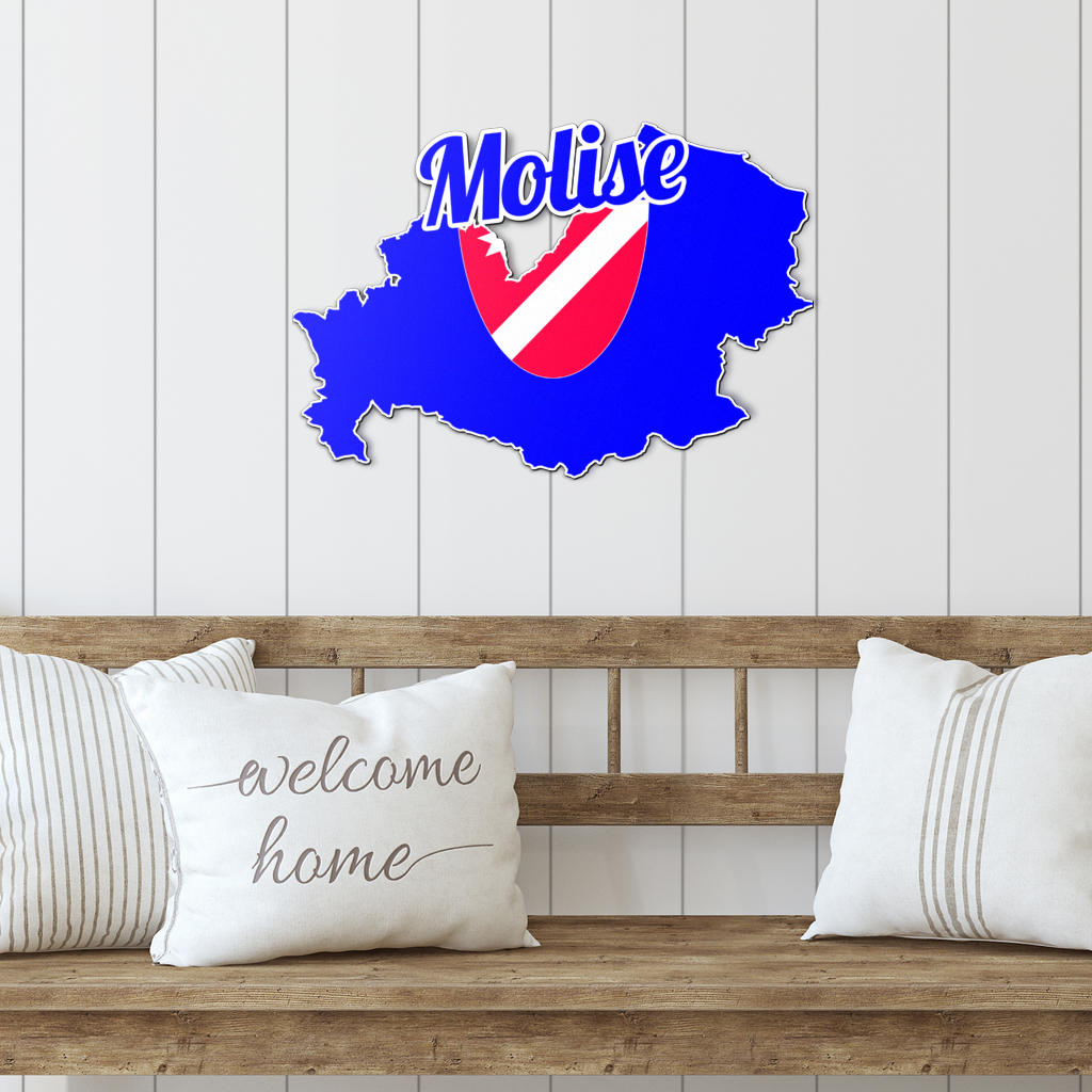 Molise Map - Colored Metal Art on a wooden bench, illustrating Italian heritage with decorative pillows, suitable for enhancing indoor and outdoor spaces.