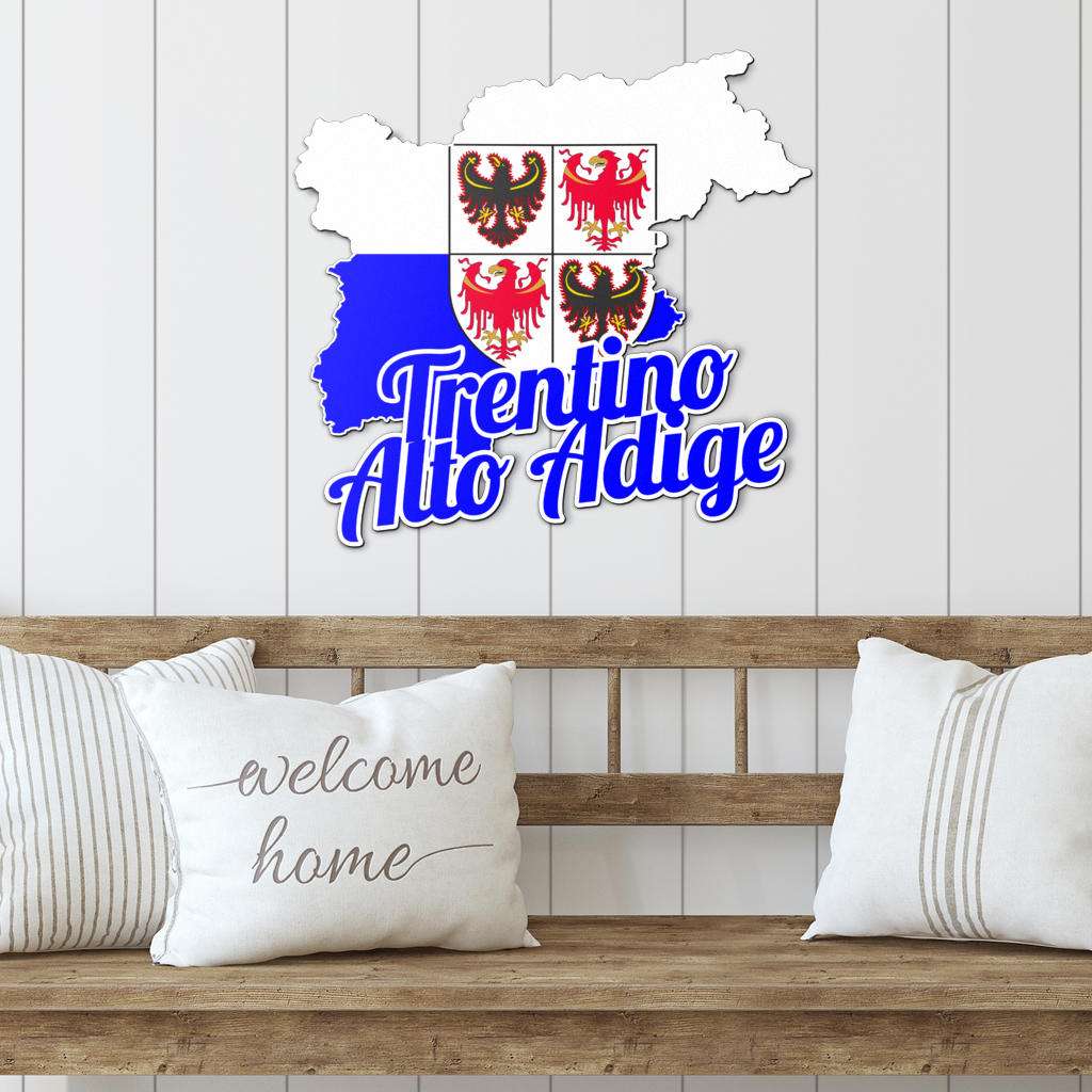 Trentino-Alto Adige Map - Colored Metal Art displayed on a wooden bench with decorative pillows, showcasing elegant Italian design suitable for indoor or outdoor decor.