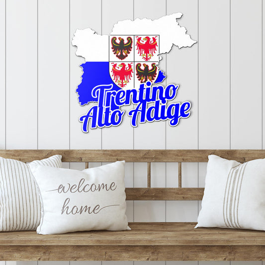 Trentino-Alto Adige Map - Colored Metal Art displayed on a wooden bench with decorative pillows, showcasing elegant Italian design suitable for indoor or outdoor decor.