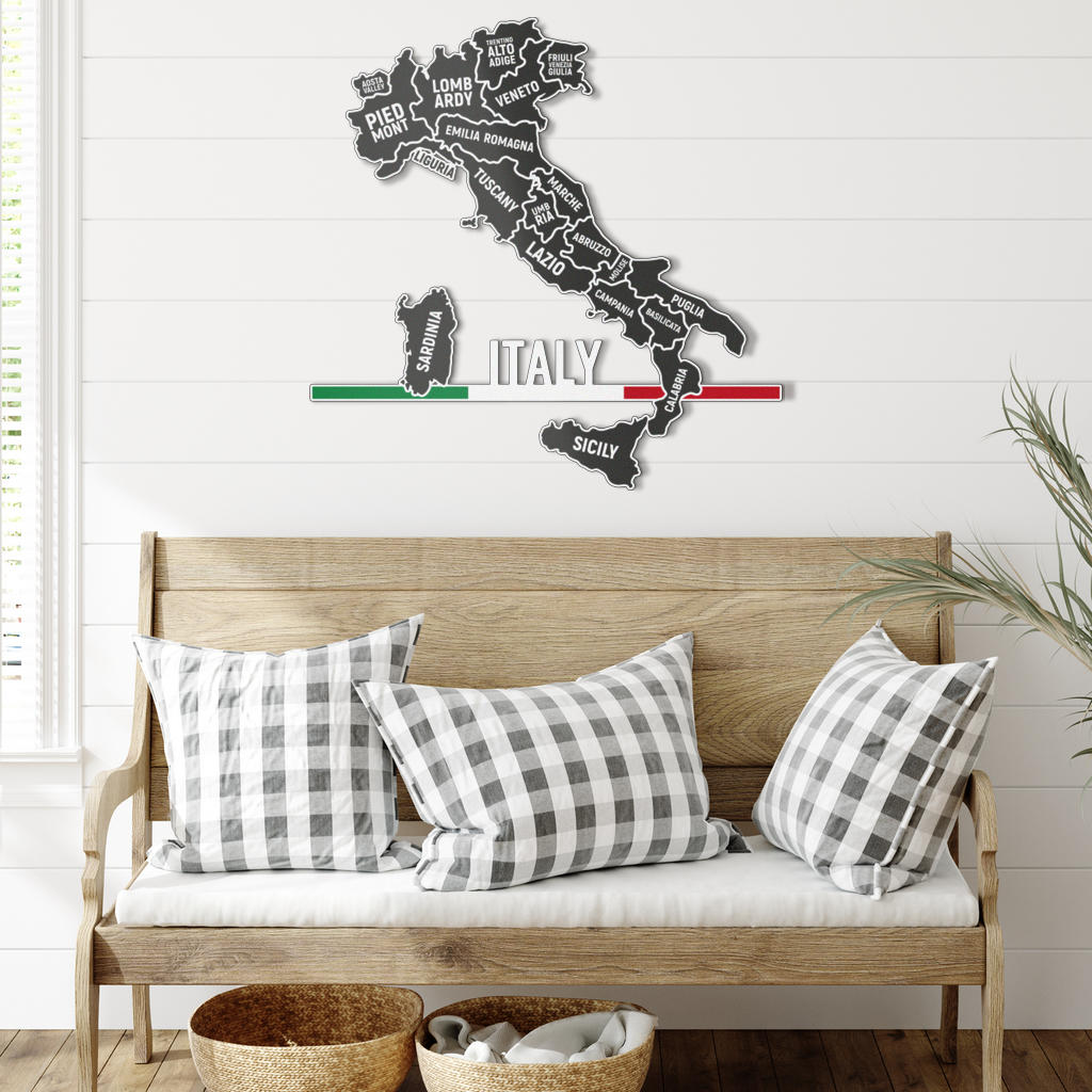Mappa delle Regioni Italiane e Bandiera Minimalista - Arte in metallo colorato