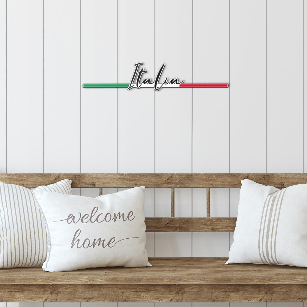 Italian Signature & Minimalist Flag - Colored Metal Art displayed on a wooden bench, showcasing premium steel craftsmanship and elegance for indoor or outdoor decor.