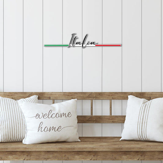Italian Signature & Minimalist Flag - Colored Metal Art displayed on a wooden bench, showcasing premium steel craftsmanship and elegance for indoor or outdoor decor.