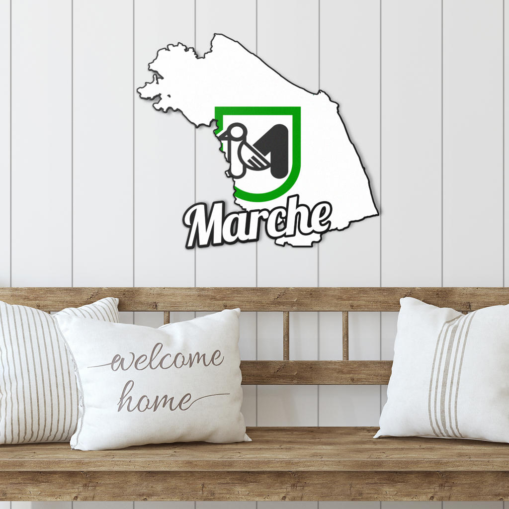 Marche Map - Colored Metal Art displayed on a wooden bench with pillows, highlighting its elegant design for enhancing indoor or outdoor spaces.
