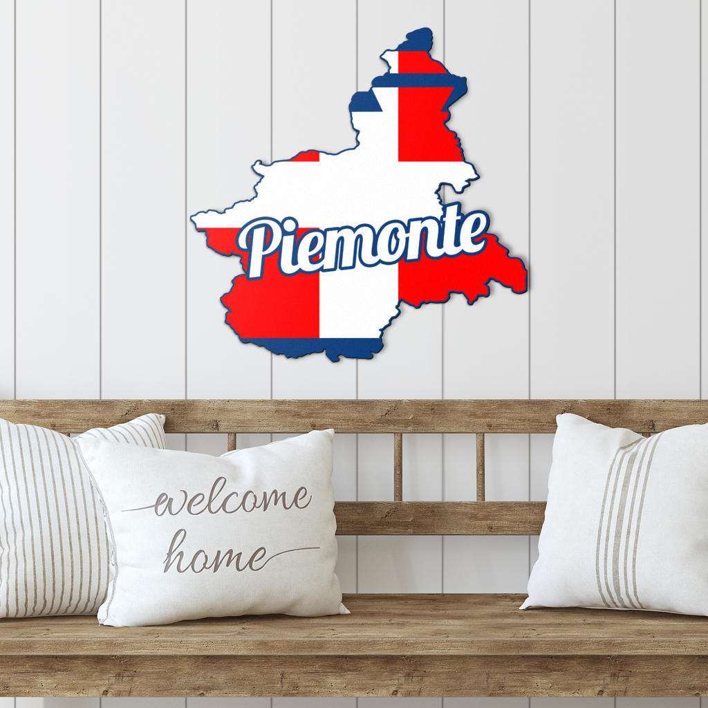 Wooden bench with assorted pillows and a Piedmont Map - Colored Metal Art, highlighting Italian elegance in interior or exterior decor.