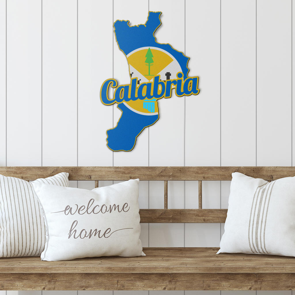 Calabria Map - Colored Metal Art displayed on a wooden bench with pillows, showcasing intricate design suitable for enhancing indoor or outdoor decor.
