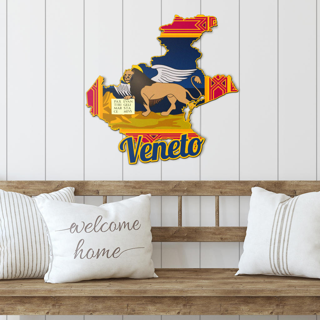 Veneto Map - Colored Metal Art displayed on a wooden bench with decorative pillows, showcasing intricate design suitable for enhancing interior or exterior decor.