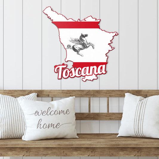 Tuscany Map - Colored Metal Art on a wooden bench with pillows, featuring a silver winged horse, perfect for elegant indoor or outdoor decor.