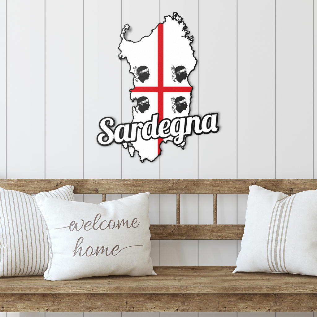 Wooden bench displaying Sardinia Map - Colored Metal Art on a pillow, highlighting Italian elegance for interior or exterior décor.