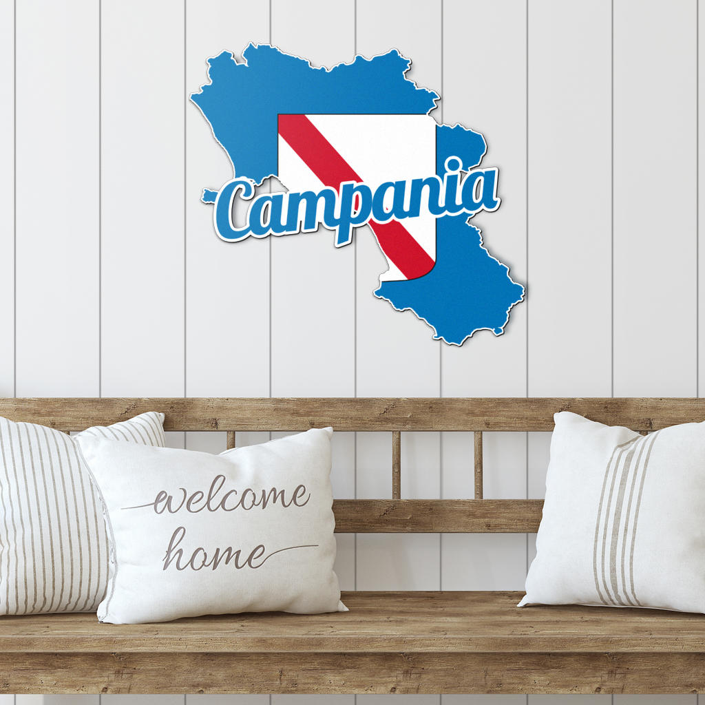 Campania Map - Colored Metal Art displayed on a wooden bench with decorative pillows, exemplifying Italian elegance for both indoor and outdoor spaces.