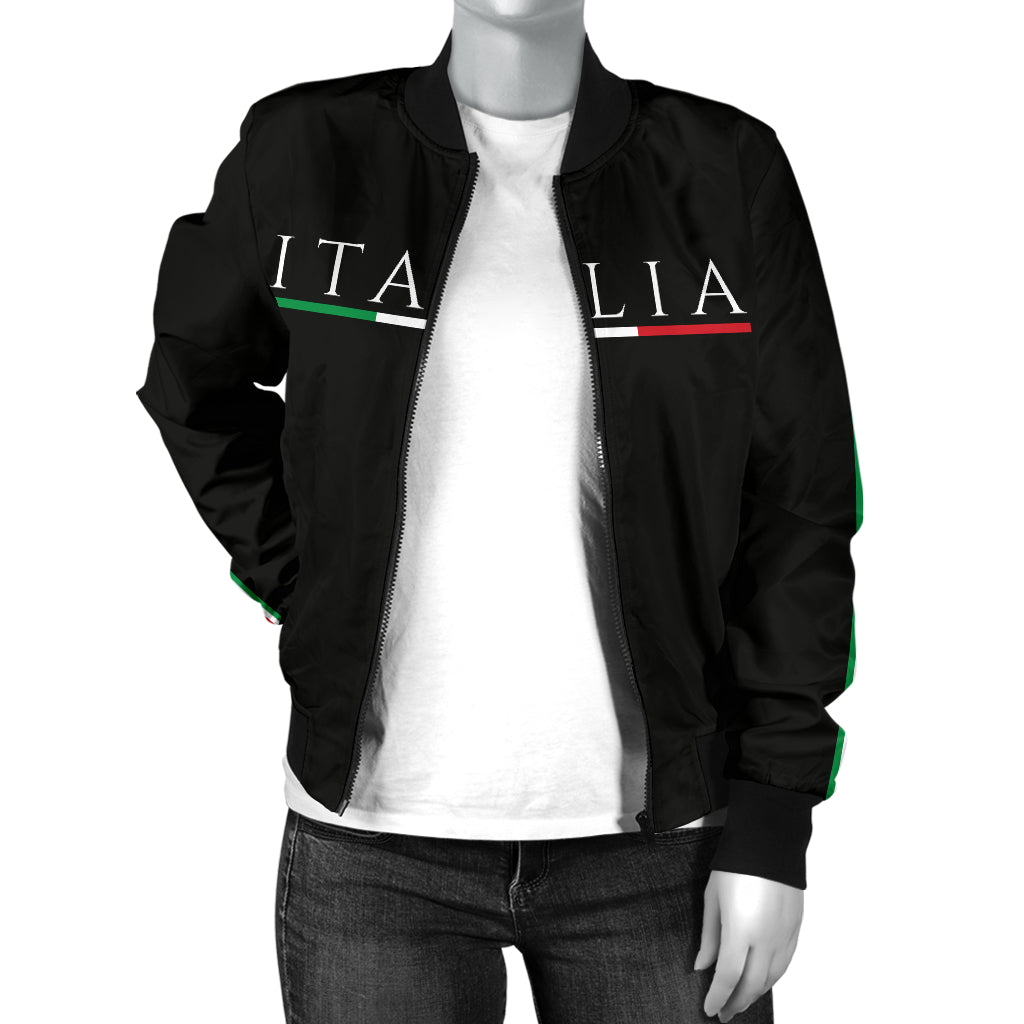 Italy Bomber Jacket - Black - Women's on a mannequin, showcasing its ribbed collar, no-snag zipper, and stylish fit, reflecting Italian craftsmanship.