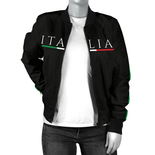 Italy Bomber Jacket - Black - Women's on a mannequin, showcasing its ribbed collar, no-snag zipper, and stylish fit, reflecting Italian craftsmanship.