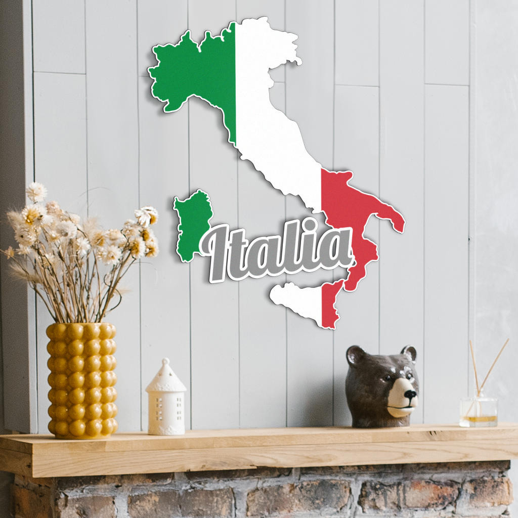 Italy Map and Text - Colored Metal Art